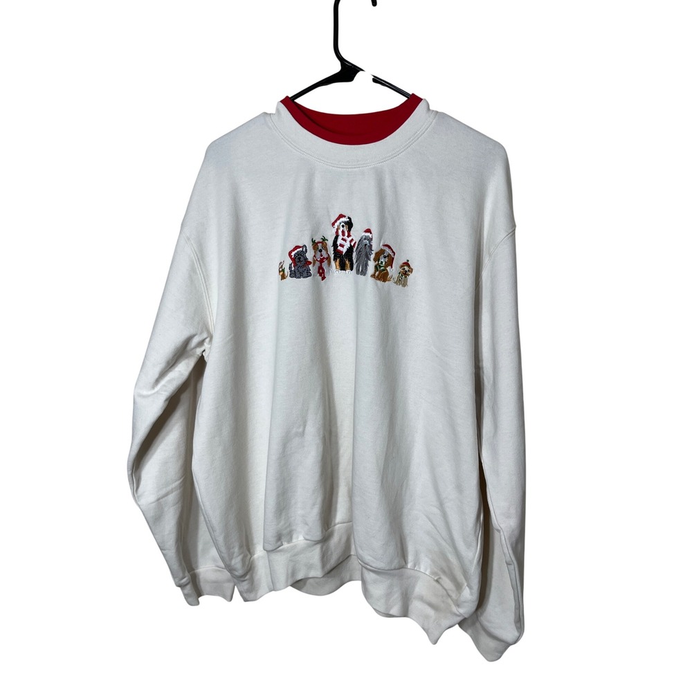 Morning Sun White Long Sleeve Crew Neck Sweatshirt Holiday Dog Embroidery XL